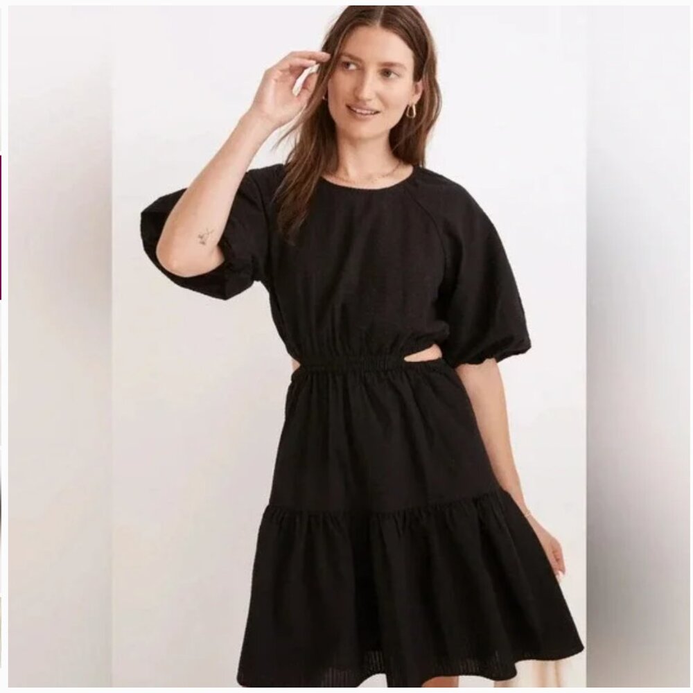 Madewell Seersucker Puff-Sleeve Cutout Mini Dress Black Women's XS NF870 - Picture 2 of 16
